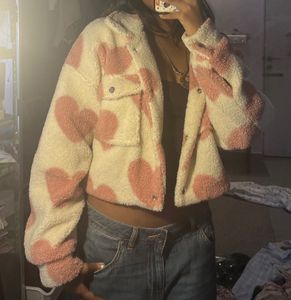 Cozy cropped y2k Heart Print Teddy Jacket