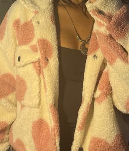 Cozy cropped y2k Heart Print Teddy Jacket