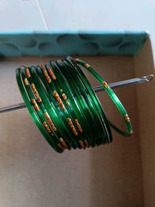 Green Glass Bangles with Golden Glitter