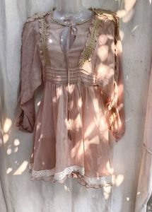 391110. Bohemian Pink Lace Trim Mini Dress