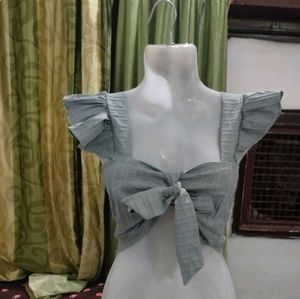 Women's Grey Checkered Ruffle Sleeve Front Tie-Up