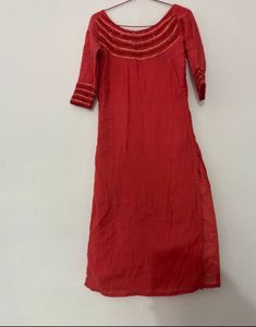 Elegant Red Kurta with Embellished Neckline-s