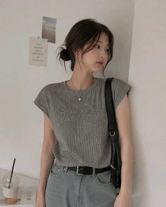 Grey Ribbed Cap Sleeve T-Shirt