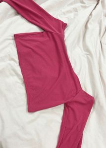 Pink Imported One Shoulder Long Sleeve Crop Top