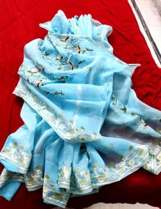 Sky Blue Embroidered Cotton Saree 🌸💙