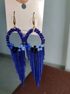 Vibrant Blue Tassel Hoop Earrings
