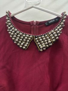 SHEIN Burgundy top with Embellished Collar
