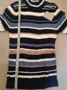 New Korean Striped Knit Mock Neck Top