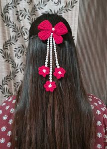 🎀 Handmade Crochet Hair Bow with Pearl Tassels 🎀