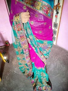 Fancy Teal &amp; Pink Saree with readymade Blouse