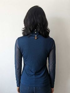 Blue Mesh Sleeve Turtleneck Top