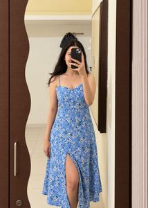 Blue Floral Print Midi Dress
