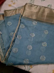 Blue saree with Golden Border