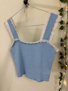 Cute Blue Lace Trim Tank Top
