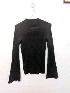 Chic Black Ribbed Bell Sleeve Top