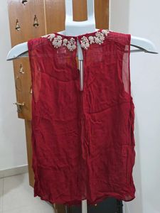 Zara Wine Red Embellished Neck Sleeveless Blouse