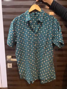 Vintage Teal Geometric Print Short Sleeve Shirt