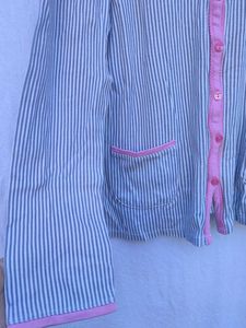 Striped Button-Up Cardigan with Pink Trim