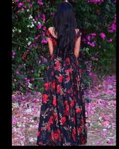 off shoulder black Red gown with pocket