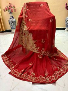 cut work  Red Embroidered Saree