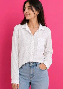 Zudio White Polka Dot Button-Down Shirt Top