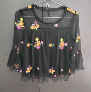 Sheer Black Embroidered Bell Sleeve Top