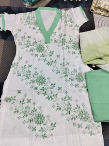 White Kurta Set with Green Embroidery