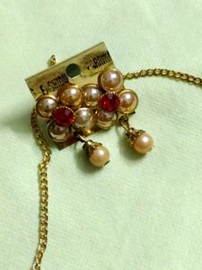 Elegant Pearl &amp; Red Stone Necklace Set