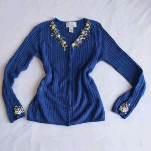 Blue Cardigan with Floral Embroidery&amp; Embel