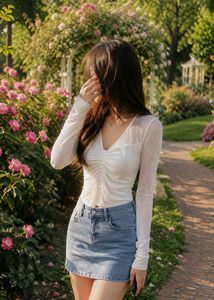 Chic White Ruched Mesh Top
