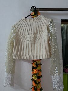 Cream Knit Sweater with Lace Sleeves