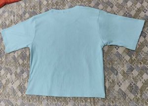 Cute Blue Ribbed T-Shirt with Embroidery
