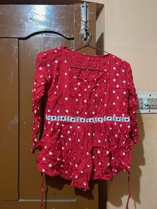 Red Kurti with White Heart Print