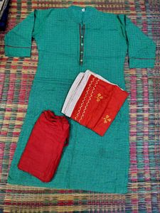 Green Kurta Set with Red Bottom