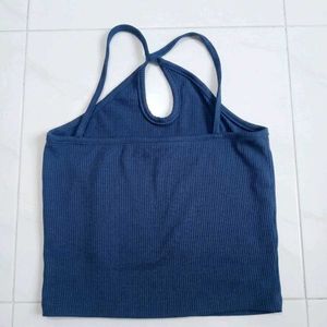 Navy Blue Ribbed Halter Crop Top
