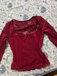Burgundy Lace-Trimmed Top ❤️