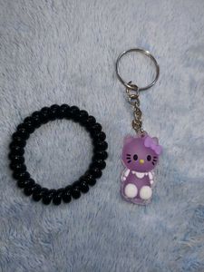 Cute Hello Kitty Keychain + Black Beaded Bracelet