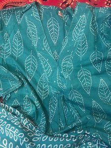 Teal Leaf Print Kurta with Pants