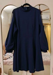 Navy Blue Dress with Sheer Sleeves