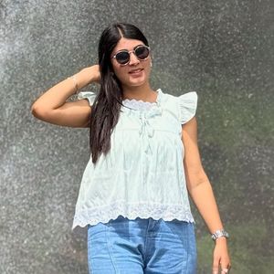Light Green Lace Trim Top