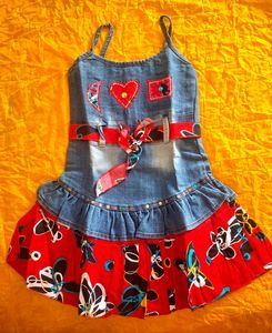 Cute Denim Dress with Red Floral Skirt