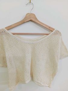 Cream Cropped Mesh Top