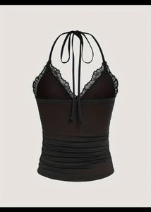 Black Lace Halter Neck Ruched Top