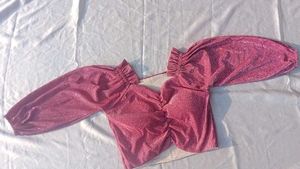 pink glitter Sparkly One-Shoulder crop Top