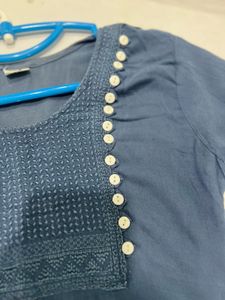 Stylish Denim Blue Kurti – Embroidered Front