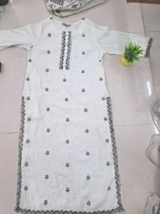 White Cotton Kurta with Black Embroidery