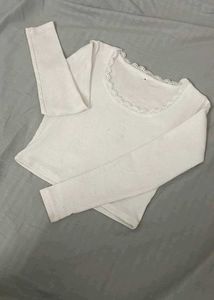 White Lace Trim Long Sleeve Top