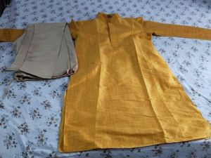 Manyavar Men's Yellow Kurta with Beige Pants