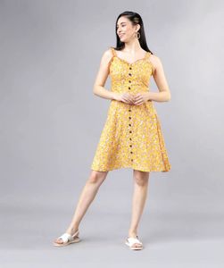 Yellow Floral Print Button-Down Dress