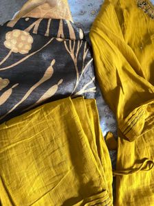 Yellow Kurta Set with Embellished Neckline